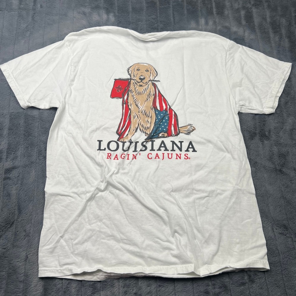 Comfort Colors Louisiana Ragin Cajuns T Shirt XL White Dog American Flag 15028